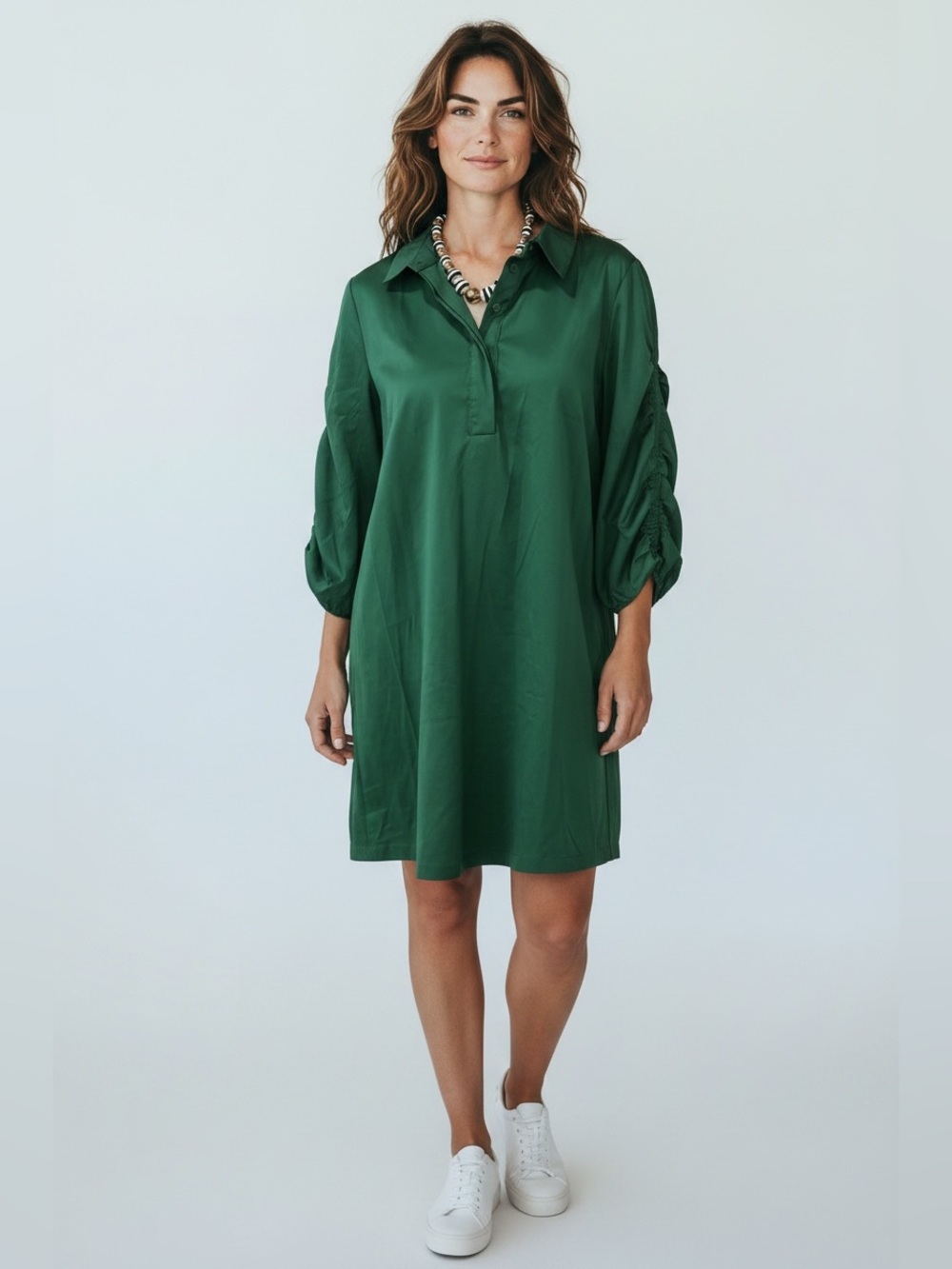 Chico’s Green Cotton Blend Pleated Sleeve Popover Shirt Dress, 1 (size 8)